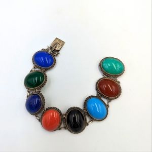 Beautiful vintage 800 Silver bracelet color glass cabochons bezel set 7"